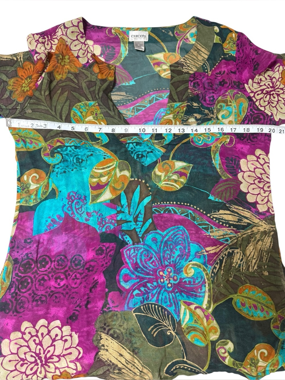 Chico’s 100% Silk Abstract Floral Tunic Top Semi Sheer Jewel Tone US 4 - Picture 12 of 15